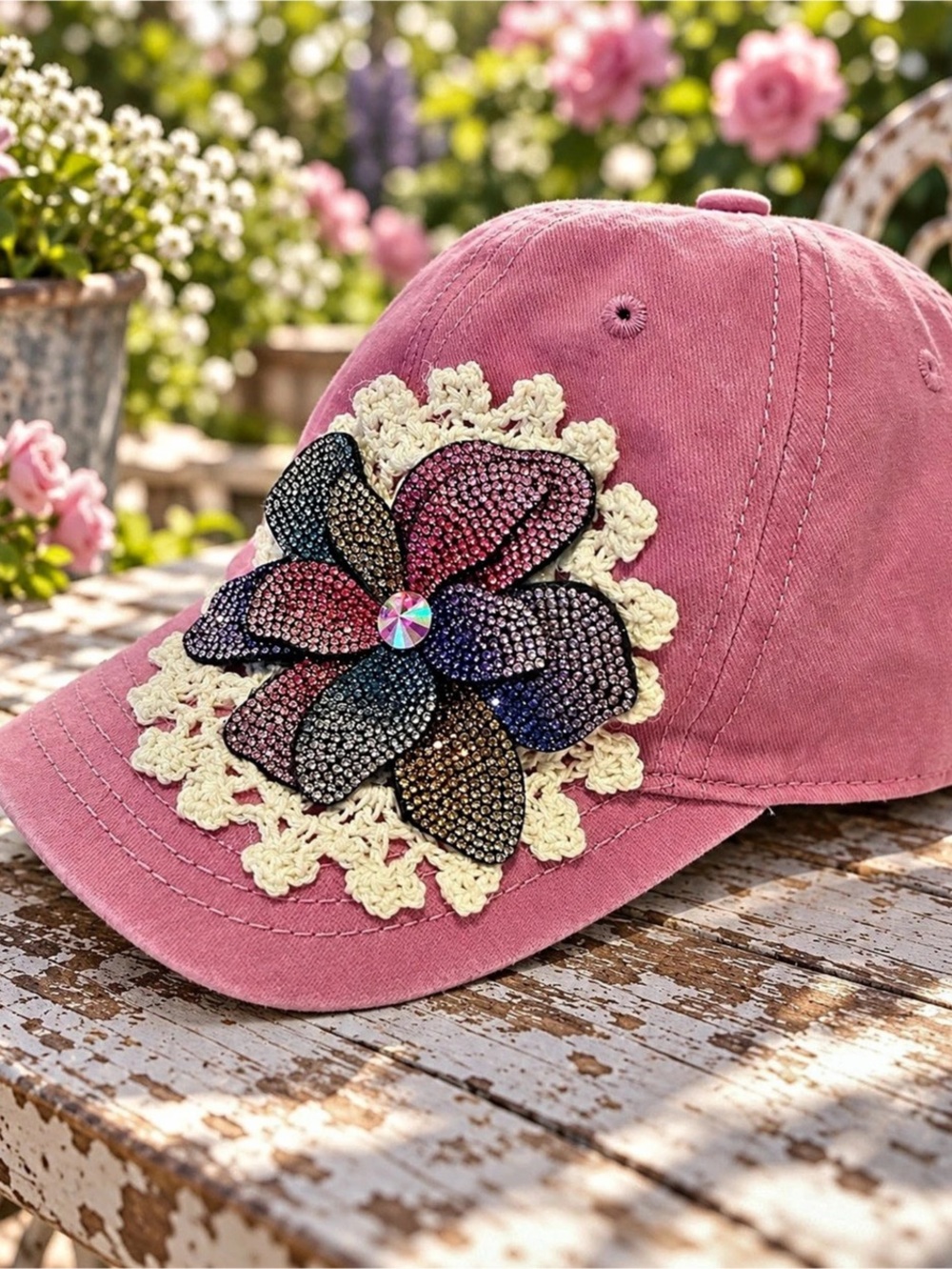 🧢29 Handmade Pink Rhinestone Flower Baseball - Picture 3 of 5